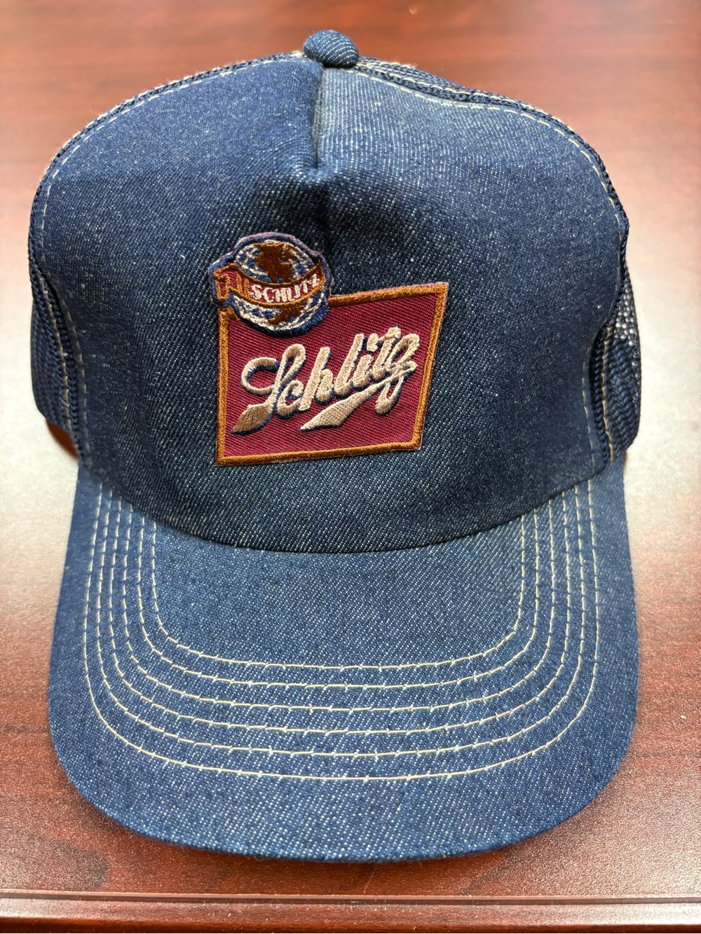 Vintage Schlitz Beer Trucker Hat Denim Mesh Snapback Blue OC Cap Breweriana